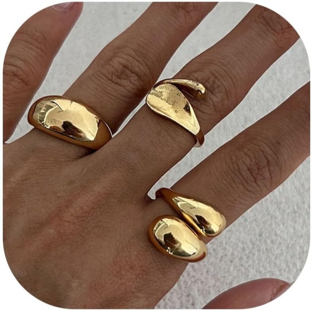 Women Gold Chunky Rings Set Adjustable Knuckle Finger Stackable Fashion Jewelry